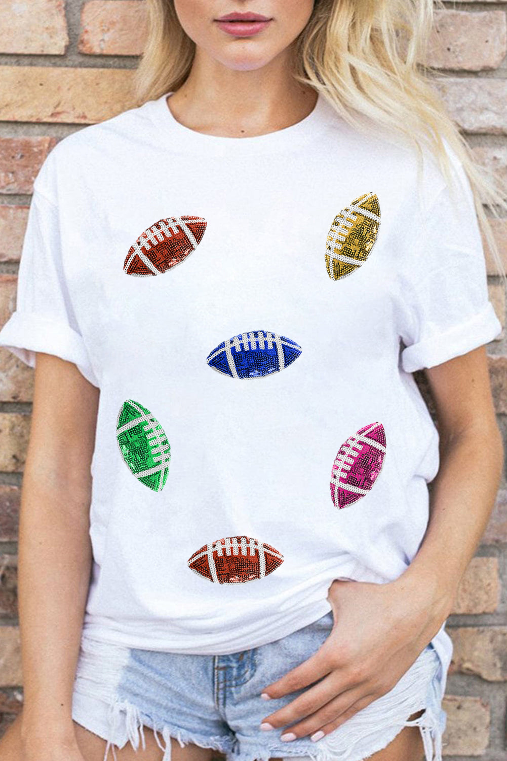 White Sequin Football Pattern Crewneck T Shirt