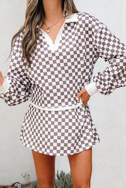 Khaki Checkered Print Polo Collar Cropped Long Sleeve Top Drawstring Mini Skirt Set