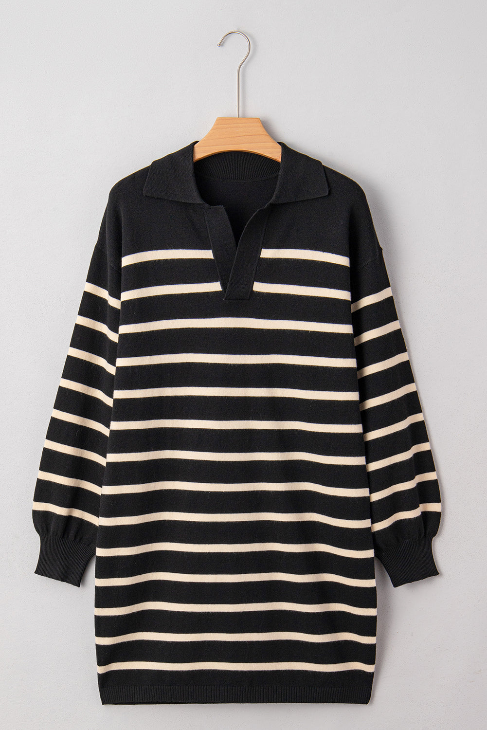 Black Stripe Polo Collar Puff Sleeve Sweater Mini Dress