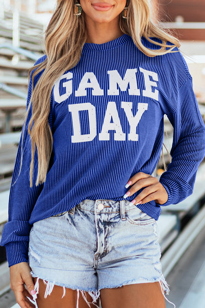 Bluing Corded GAME DAY Graphic Long Sleeve Crewneck Top