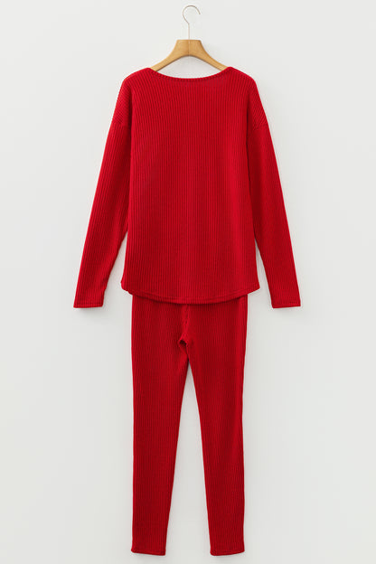Racing Red Ribbed Notched Neck Knit Long Sleeve Leggings Two Pieces Lounge Set