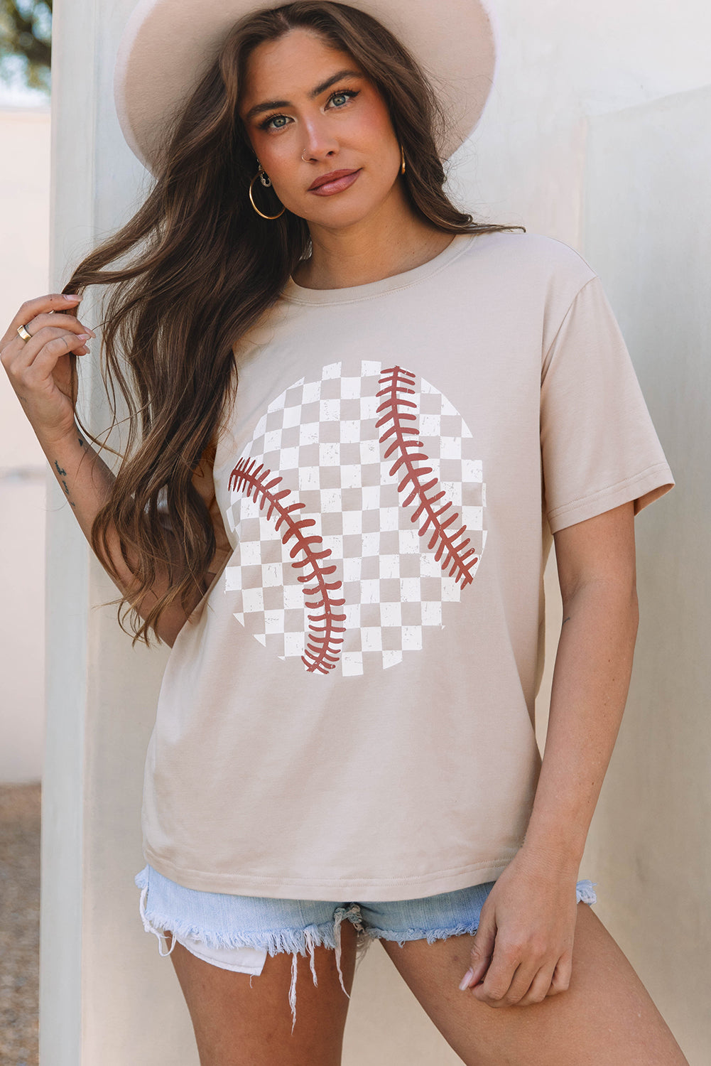 Checkered Baseball Graphic Tee nude