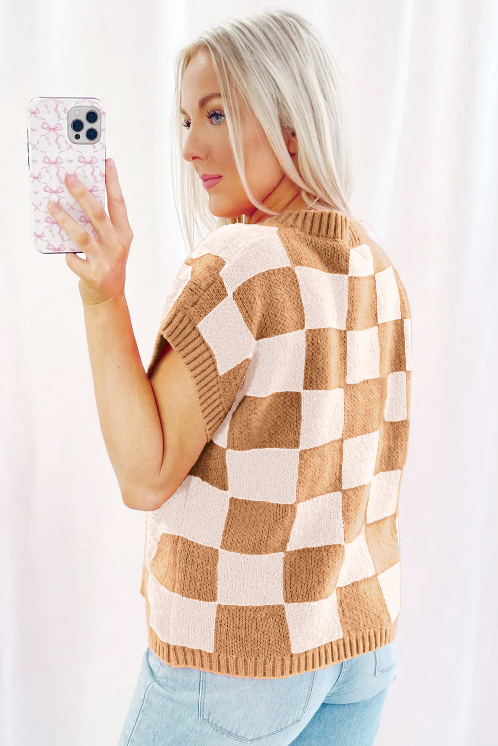 Frenchy Colorblock Plaid Pattern Ribbed Trim Sweater Tank Top