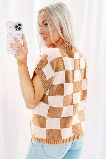 Frenchy Colorblock Plaid Pattern Ribbed Trim Sweater Tank Top