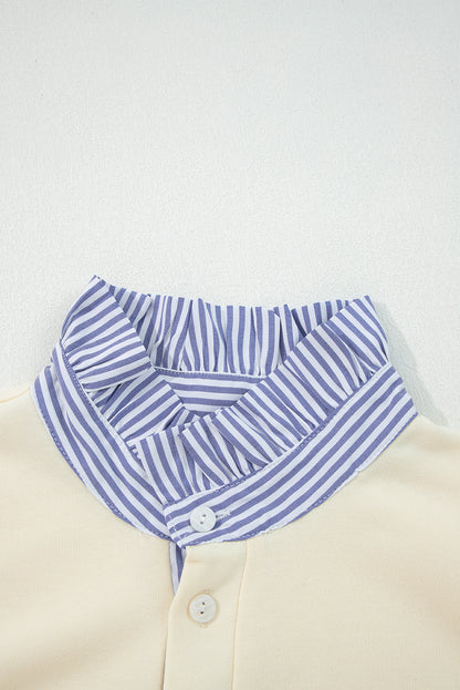 White Button Striped Collar Patchwork Puff Sleeve Sweatshirt