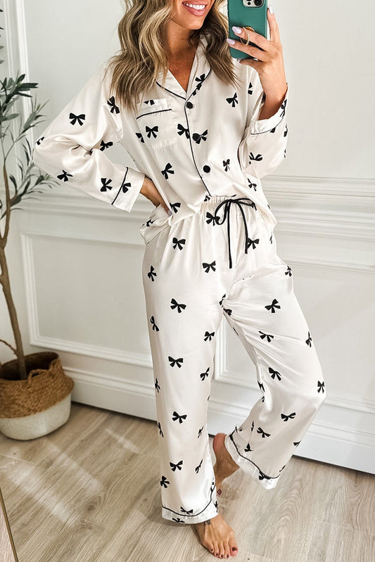 White Bows Print Two Piece Sleepwear