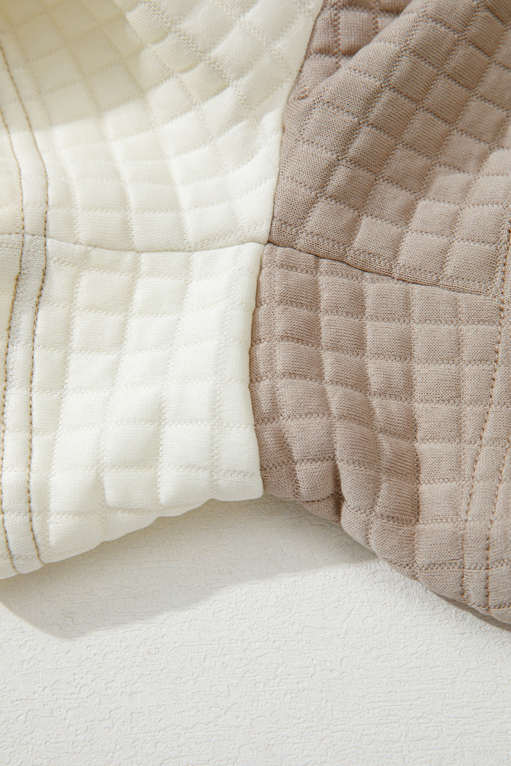 Khaki Color Block Patchwork Textured Long Sleeve Top 2pcs Short Set