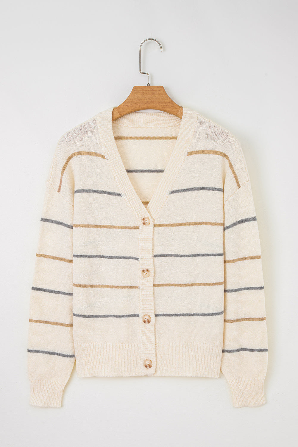 Multicolour Striped Buttoned Front V Neck Drop Shoulder Cardigan Sweater