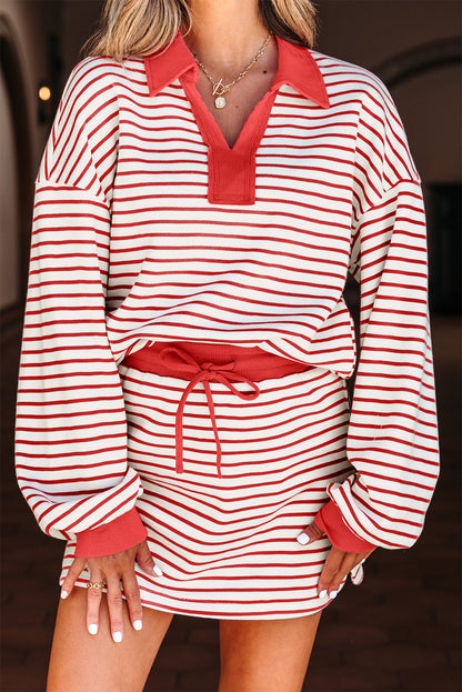 Red Stripe Collared V Neck Drop Shoulder Pullover and Skort 2pcs Outfit