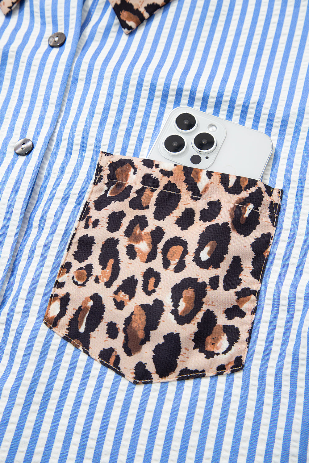 Sky Blue Striped Leopard Print Patchwork Button Up Womens Shirt