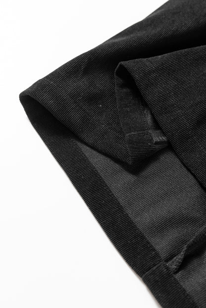 Black Corduroy Half Button Collared Long Sleeve Mini Dress
