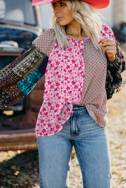 Pink Boho Mixed Floral Drop Shoulder Bubble Sleeve Blouse