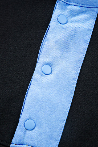 Black Color Block Patchwork Half Button Pullover and Shorts 2pcs Outfit