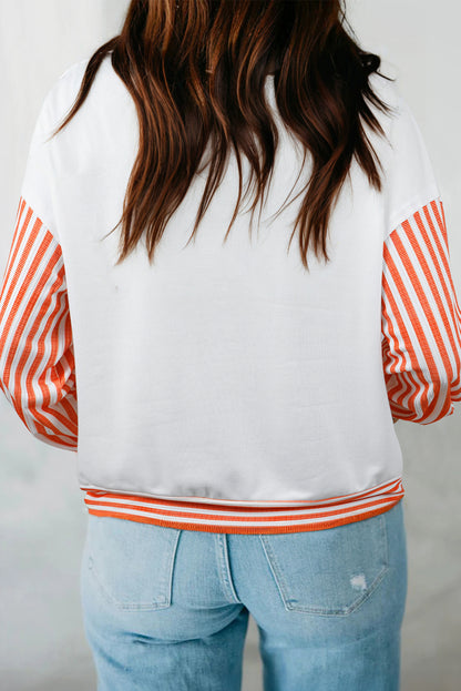 Orange Stripe V Neck Drop Shoulder Patchwork Long Sleeve Top