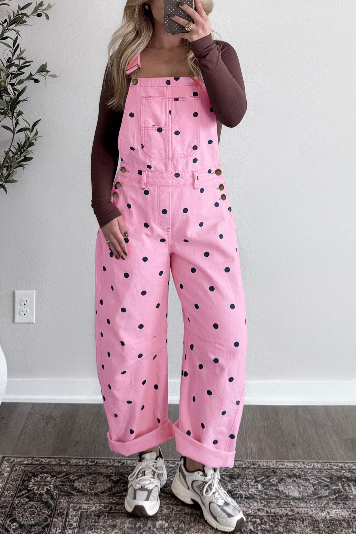 Phalaenopsis Polka Dot Print Bib Pocket Denim Barrel Overalls Jumpsuit