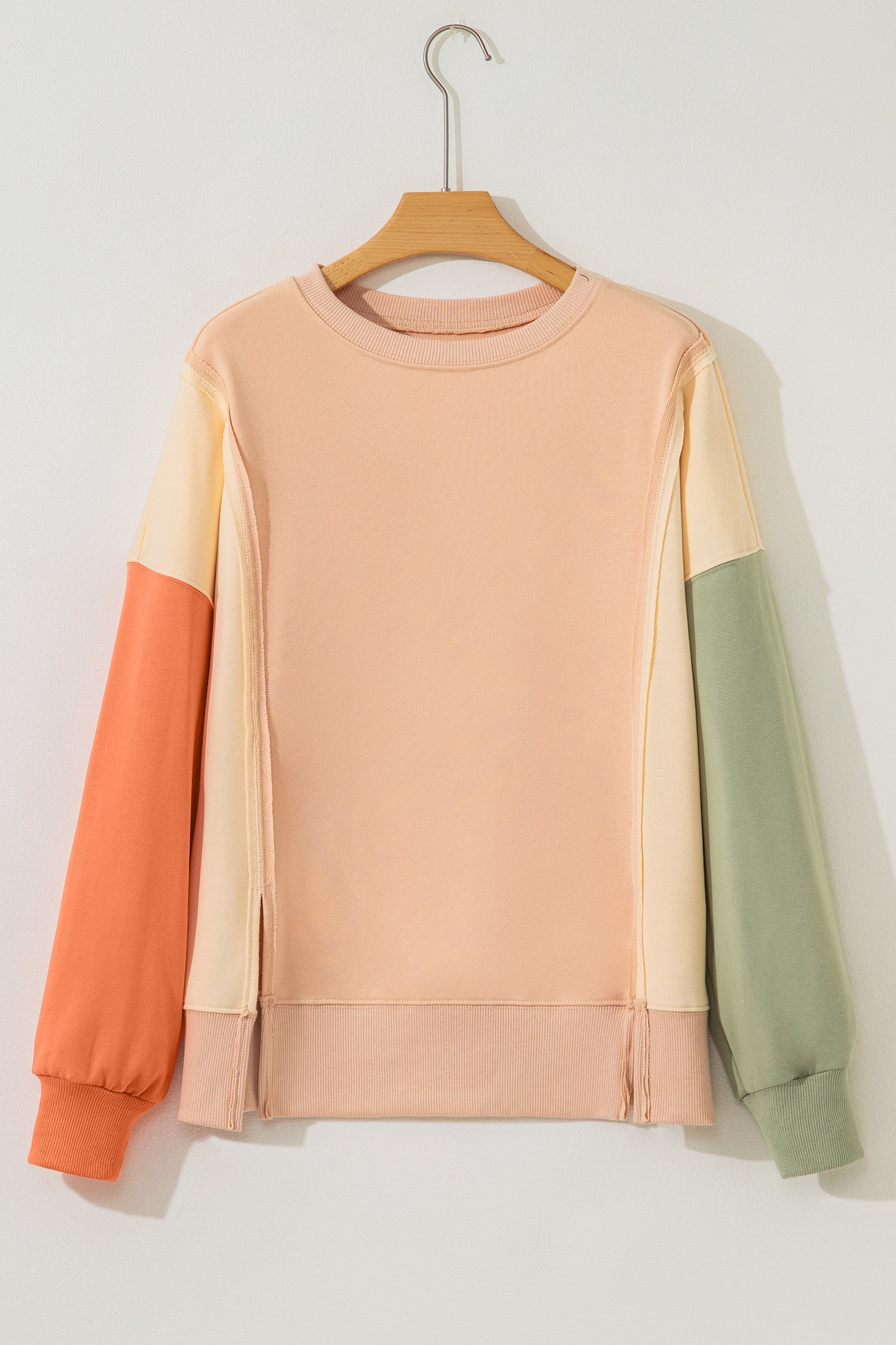 Beige Color Block Patchwork Split Hem Casual Sweatshirt