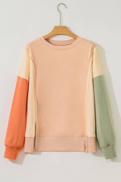 Beige Color Block Patchwork Split Hem Casual Sweatshirt