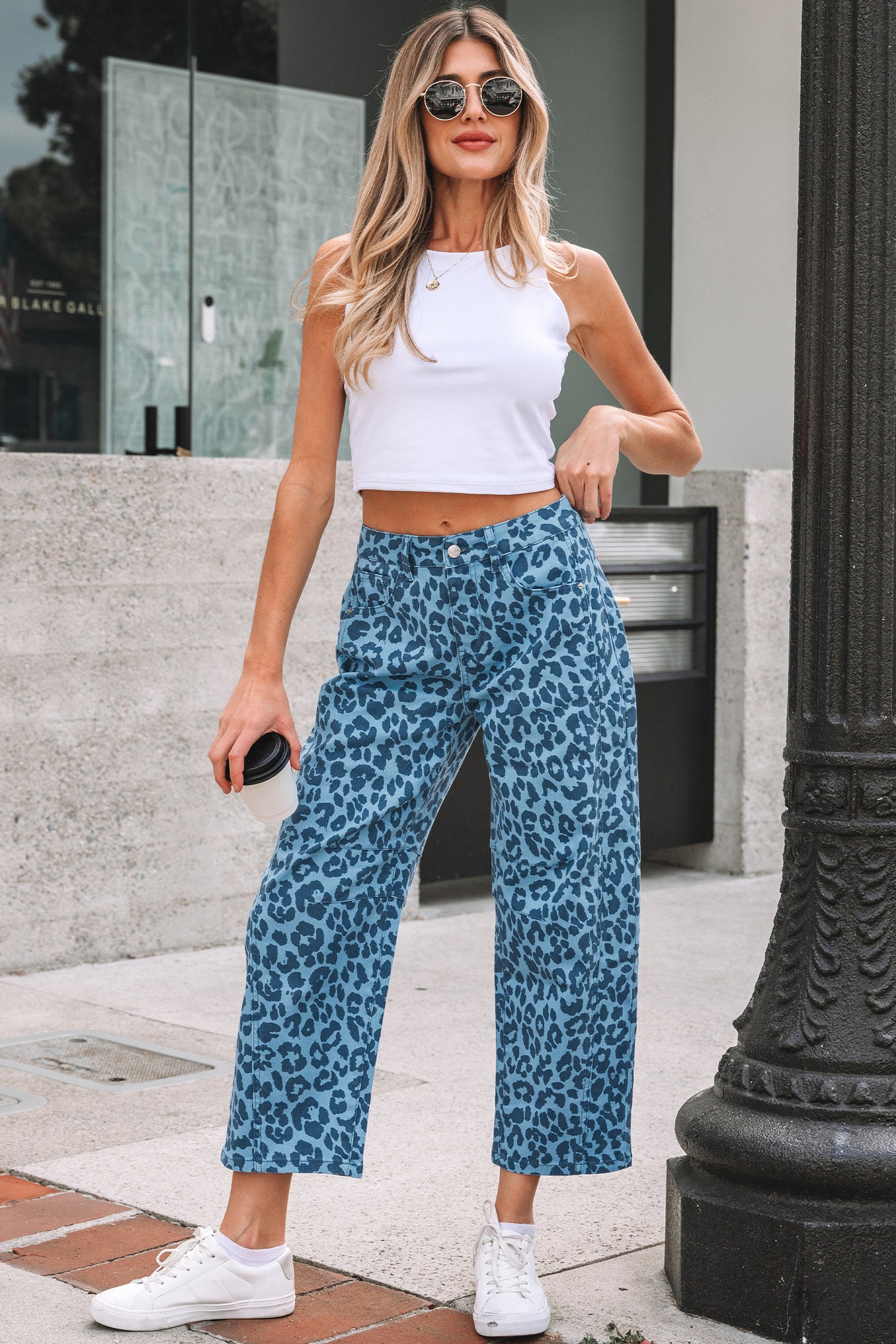 Sky Blue Leopard Print Straight Loose Jeans