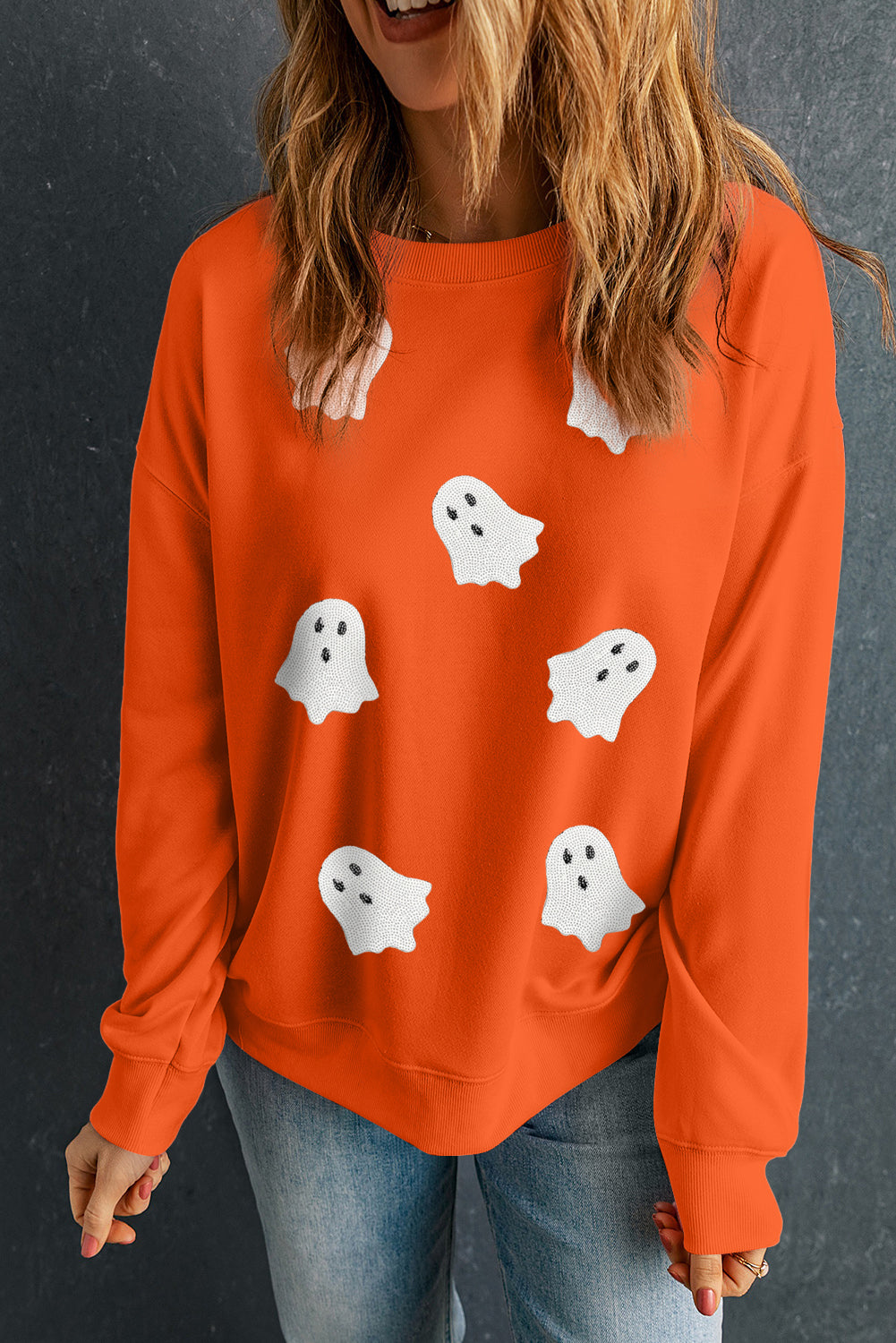 Orange Sequin Ghost Patch Sweatshirt