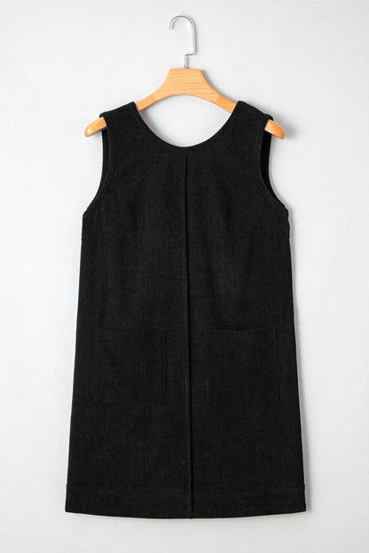 Black Corduroy Sleeveless Mini Dress With Patched Pockets