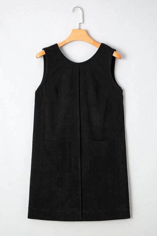 Black Corduroy Sleeveless Mini Dress With Patched Pockets