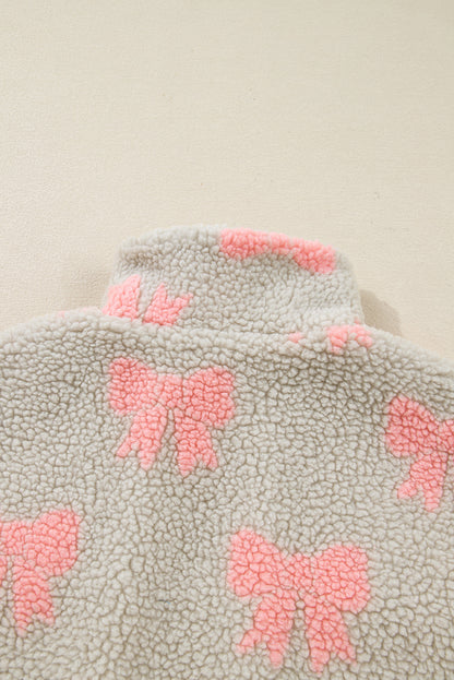 Gray Bow Sherpa Quarter Zip Drop Shoulder Baggy Sweatshirt