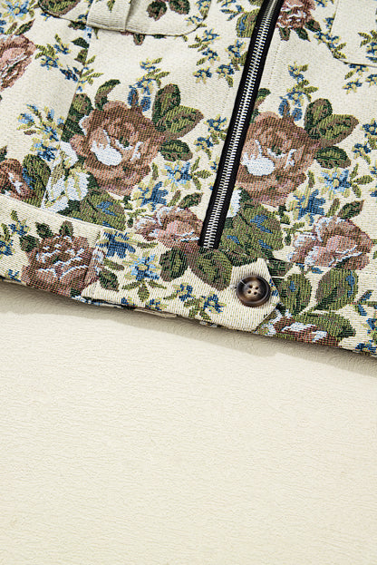 Khaki Floral Print Zip Up Contrast Collared Jacket