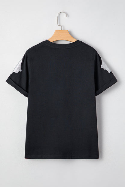 Black Glitter Ghost Pattern Crew Neck Halloween T Shirt