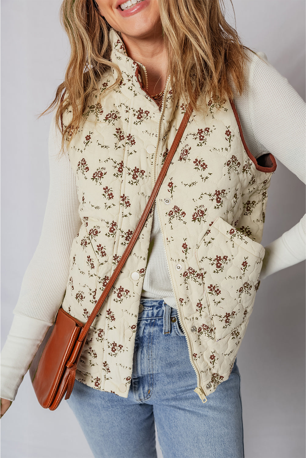 Apricot Floral Print Zip Up Quilted Vest