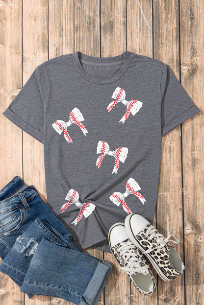 Baseball and Bows Print Crewneck Casual T Shirt