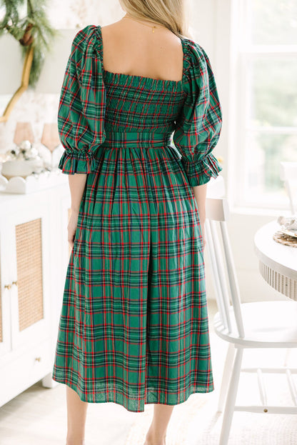 Green Tartan Plaid Square Neck Puff Sleeve Knot Waist Flared Midi Dress