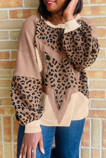 Light French Beige Leopard Star Color Block Patchwork Textured Baggy Sweatshirt