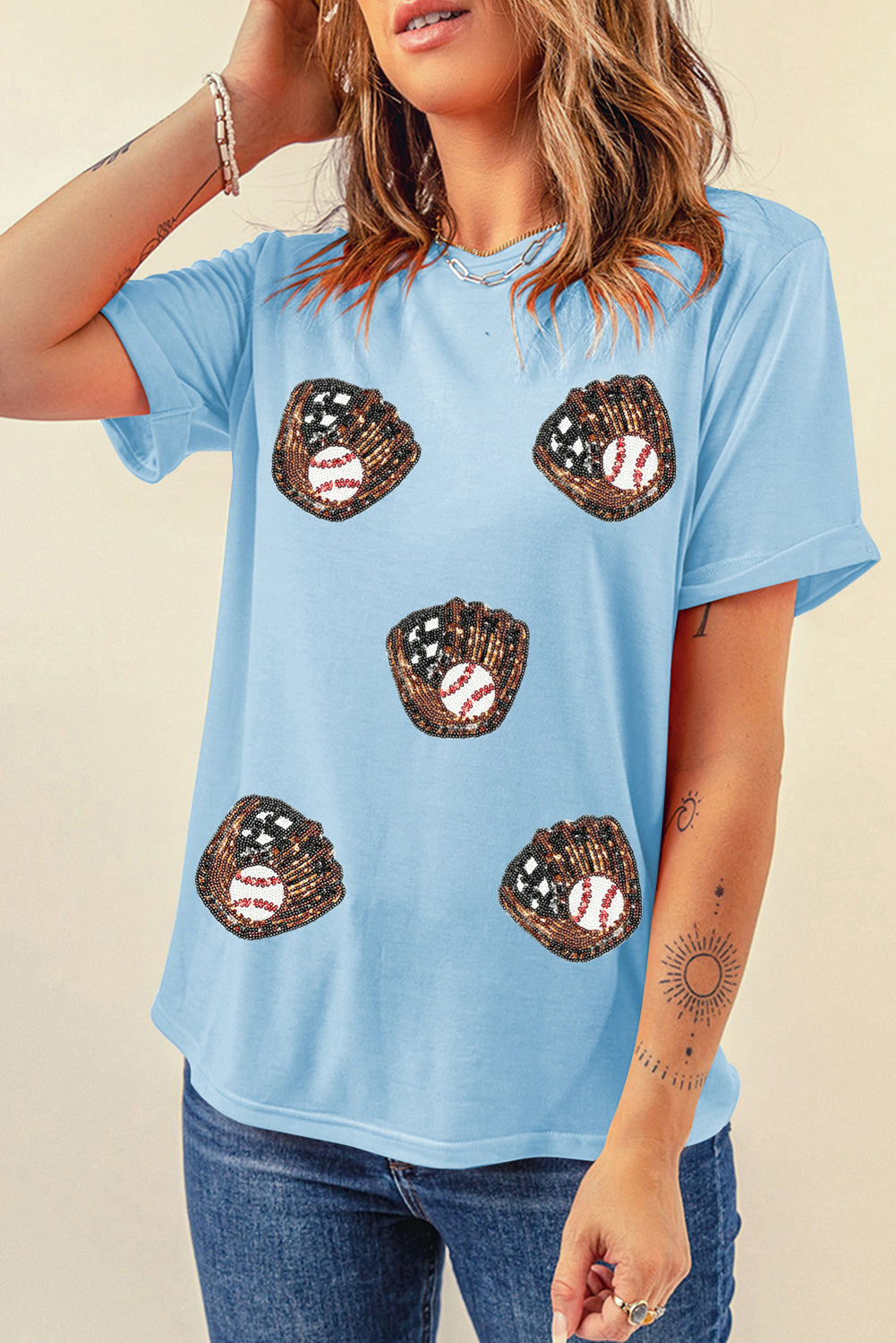 Light Blue Baseball Sequin Patch T Shirt