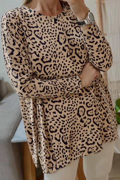 Khaki Leopard Print Long Batwing Sleeve Loose Top