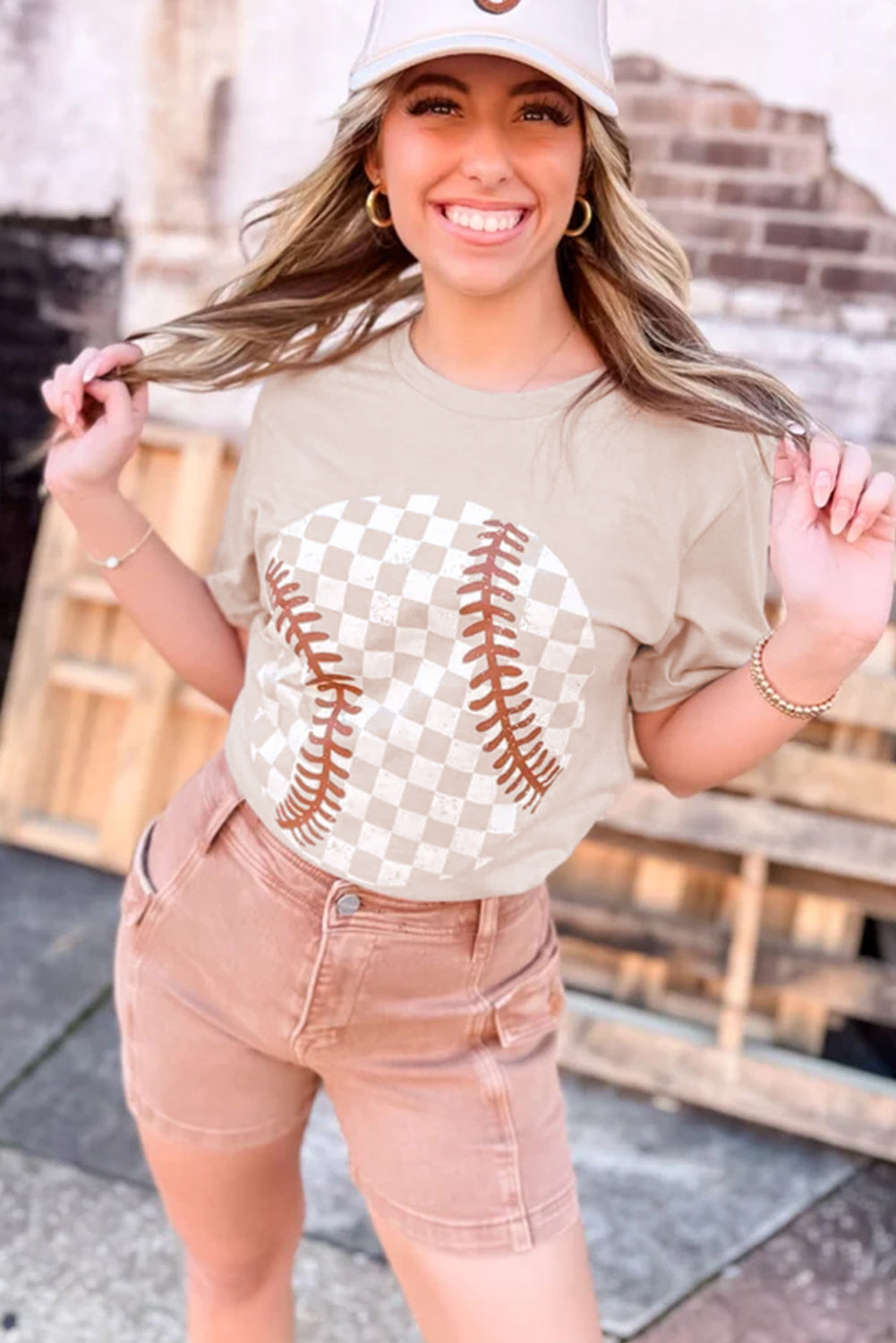 Checkered Baseball Graphic Tee nude