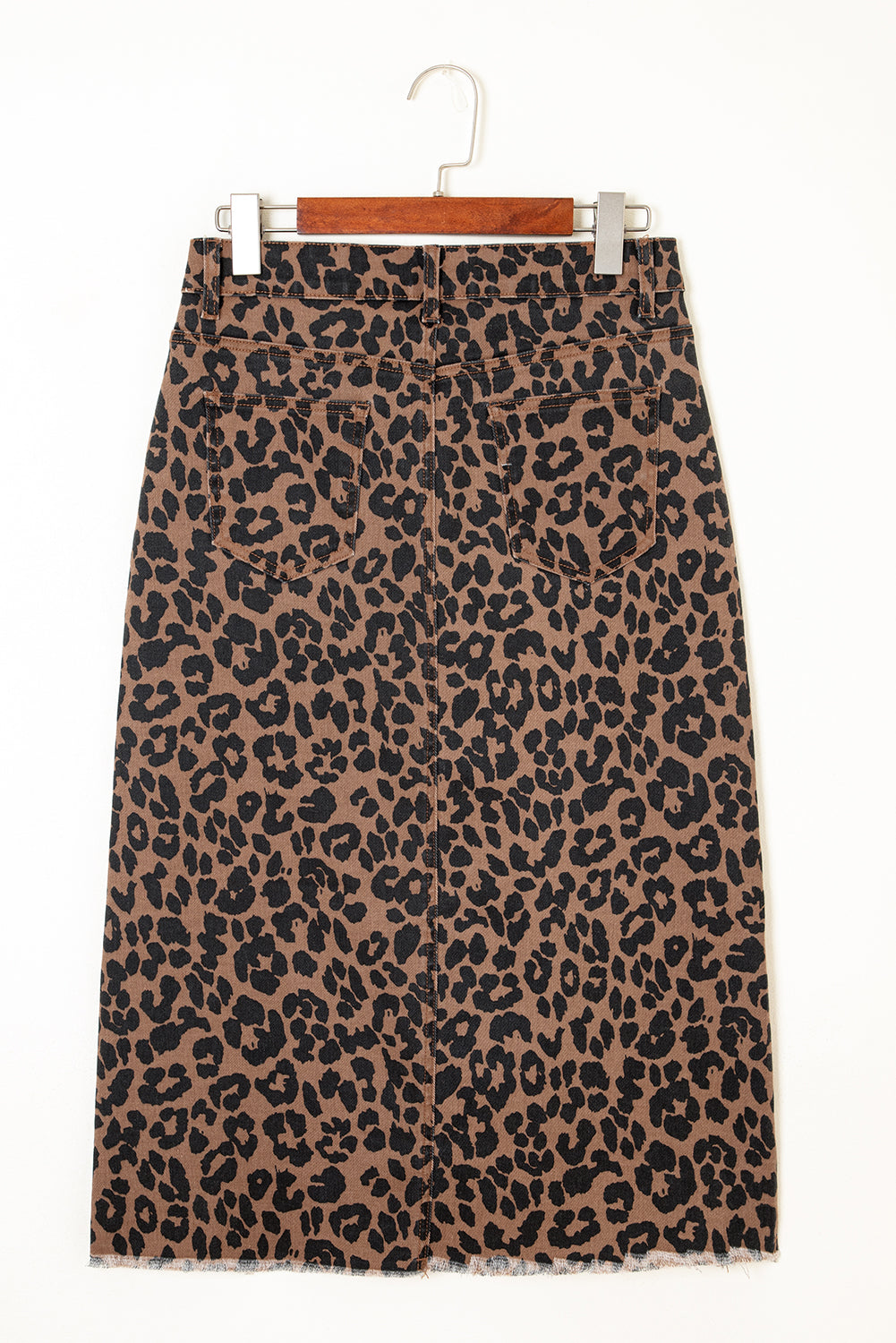 Brown Leopard Denim Frayed Split Denim Midi Skirt