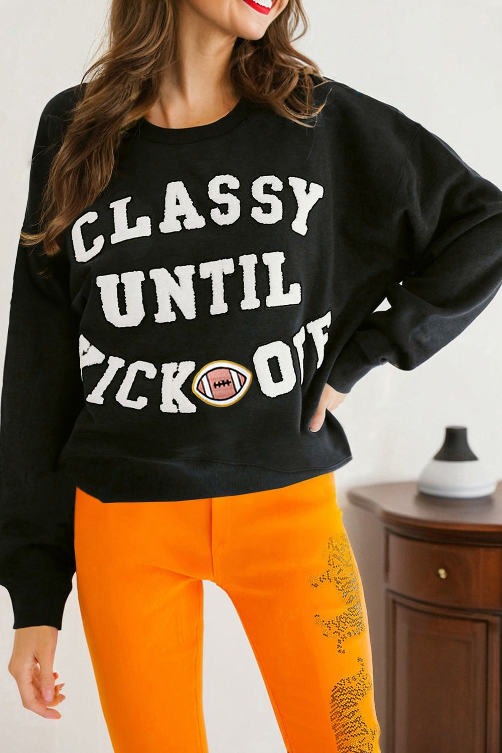 Black CLASSY UNTIL KICKOFF Plush Letter Patched Loose Sweatshirt