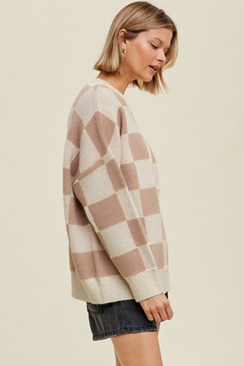 Parchment Checkered Pattern Ribbed Trim Knit Baggy Sweater