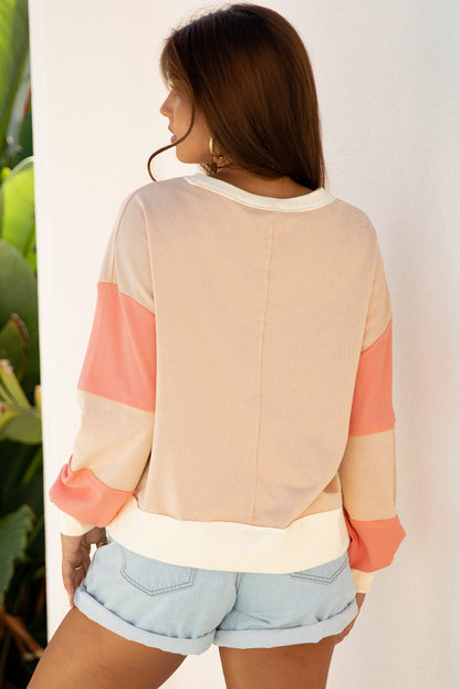 Light French Beige Color Block Textured Patchwork Pullover Sweatshirt