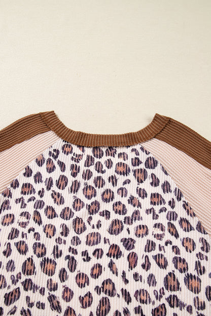 Parchment Leopard Colorblock Patchwork Twist Ribbed Plus Size V Neck Baggy Pullover