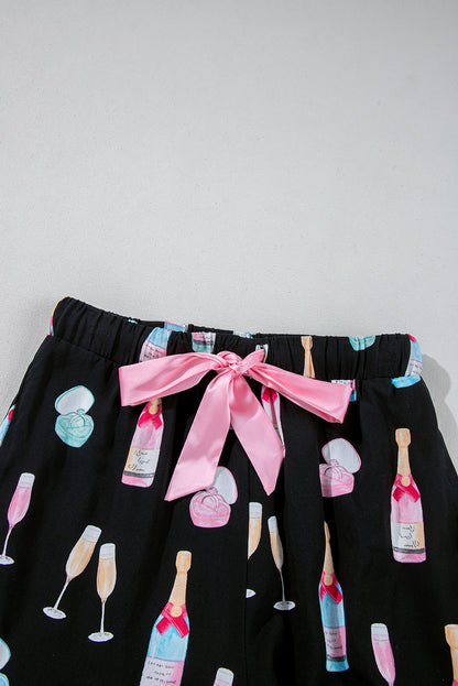 Color black Christmas Wine Glass Print Bow Knot Two Piece Pajama Set