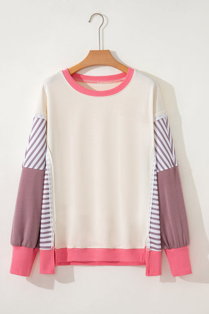 White Color Block Striped Patchwork Dolman Slit Sweatshirt