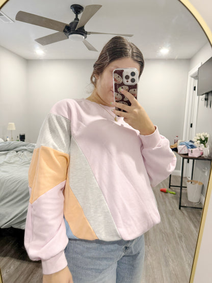 Light Pink Color Block Batwing Sleeve Loose Fit Sweatshirt