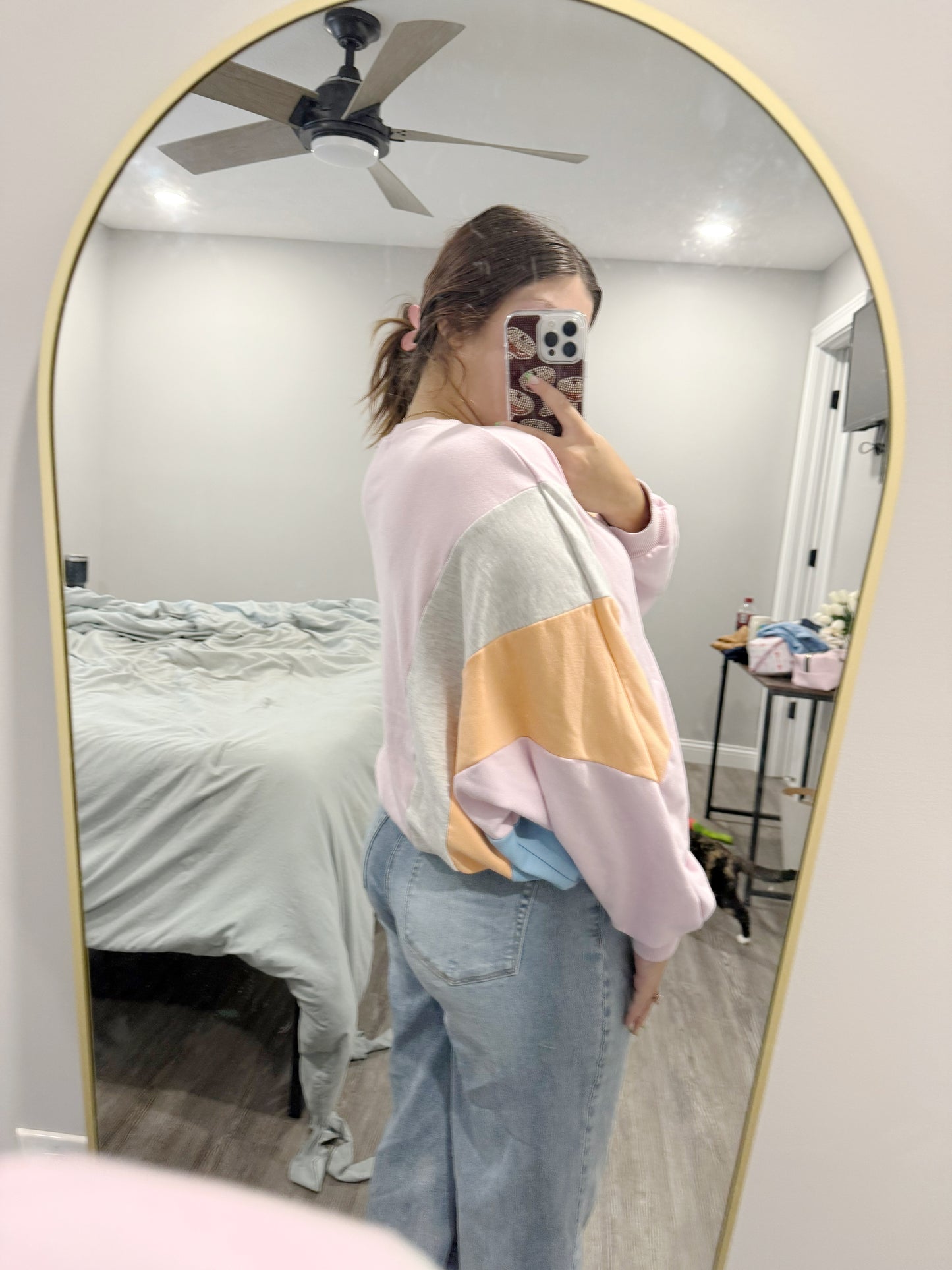 Light Pink Color Block Batwing Sleeve Loose Fit Sweatshirt