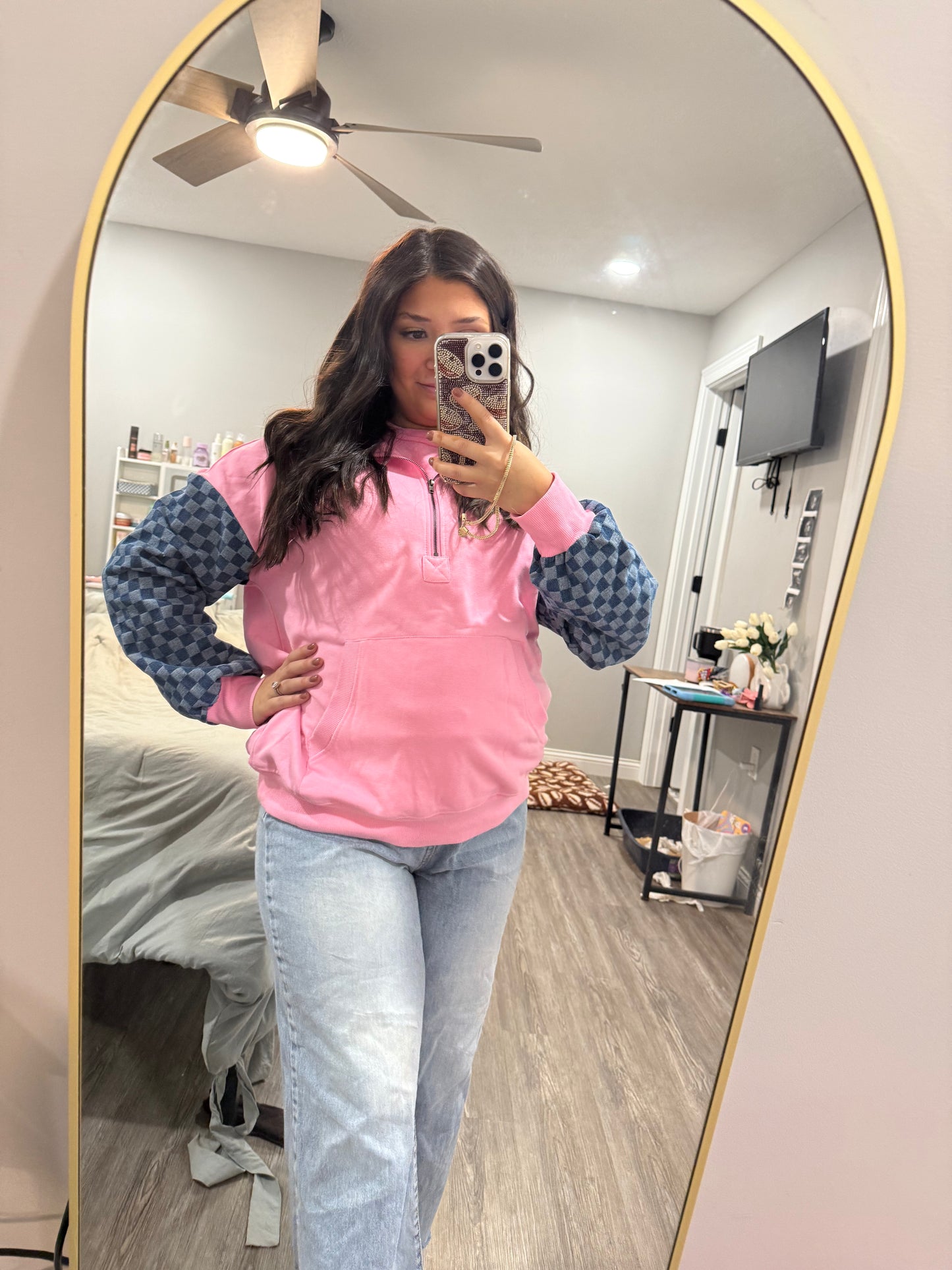 Bonbon Checkered Half Zipper Hoodie