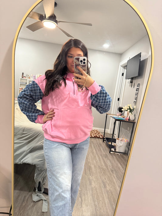 Bonbon Checkered Half Zipper Hoodie