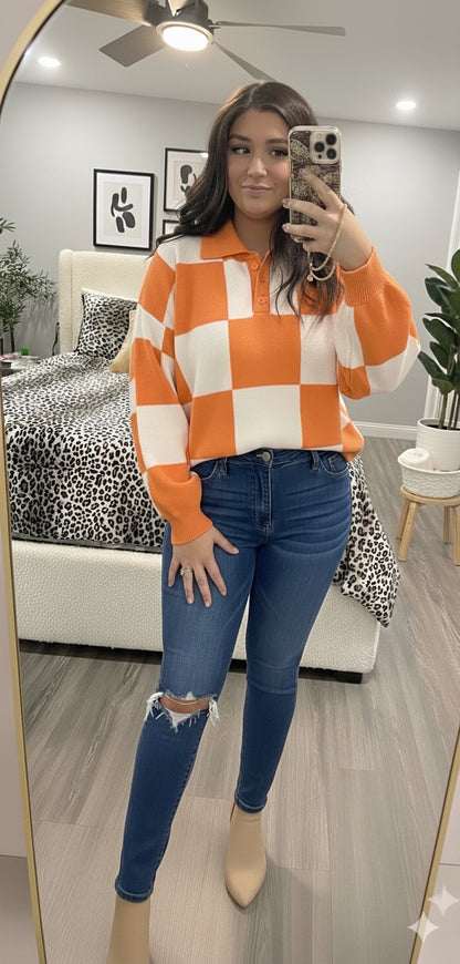 Grapefruit Orange Checkered Pattern Polo Collar Loose Sweater