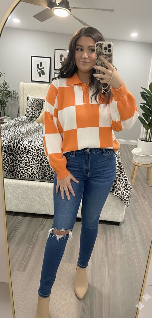 Grapefruit Orange Checkered Pattern Polo Collar Loose Sweater