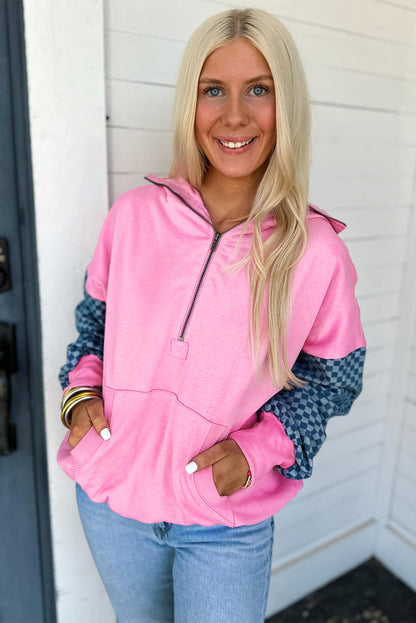 Bonbon Checkered Half Zipper Hoodie