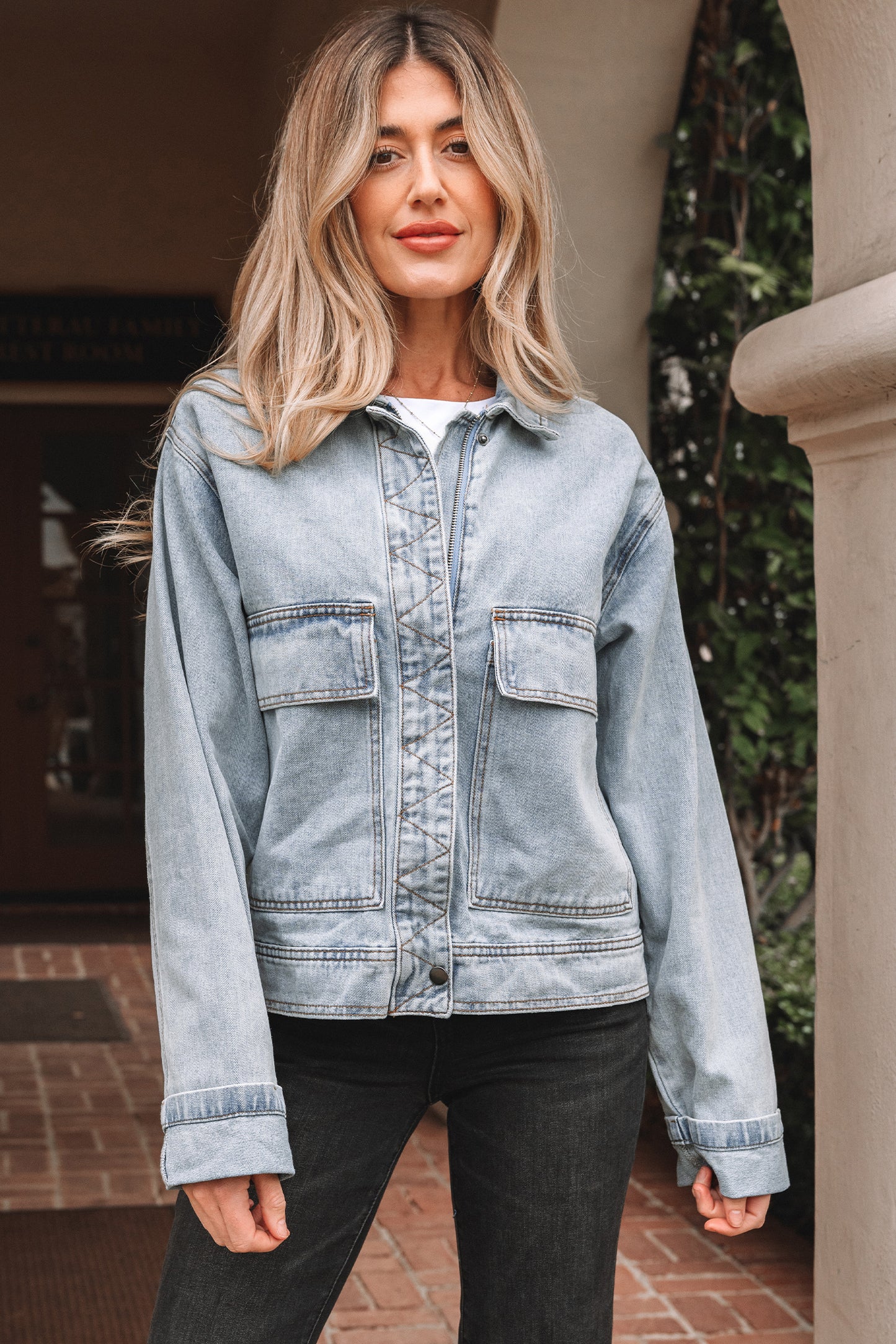 Beau Blue Street Style Zip Up Washed Denim Jacket